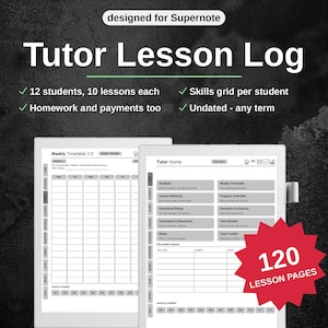 Puede incluir: Un planificador digital Tutor Lesson Log diseñado para Supernote, con 120 páginas de lecciones. La interfaz incluye un horario semanal, cuadrículas de habilidades por estudiante y secciones para tareas y pagos. Sin fecha para cualquier periodo.
