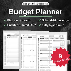 May include: A digital budget planner designed for Supernote, featuring three tablet screens displaying weekly and monthly financial templates. Text includes Budget Planner, Plan every month, Bills, debt, savings, Undated + dated 2027, Fully hyperlinked, and 9 MONEY TOOLS.