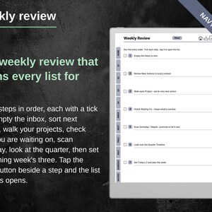 Weekly review page with seven numbered steps, each with an Open button that jumps to that list