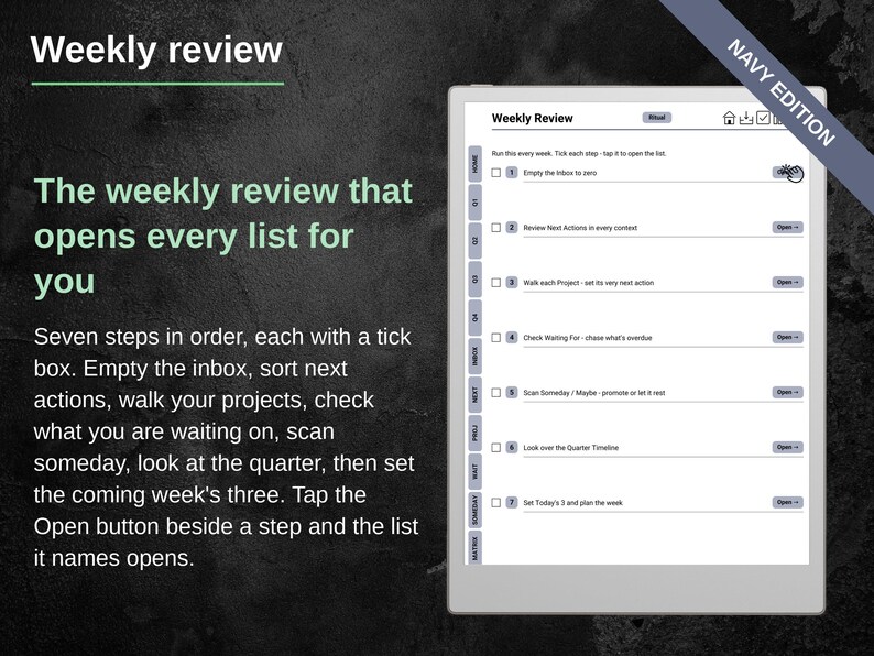 Weekly review page with seven numbered steps, each with an Open button that jumps to that list