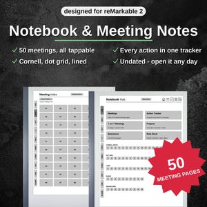 May include: Digital planner for reMarkable 2 featuring Notebook & Meeting Notes. Includes 50 tappable meetings, action tracker, Cornell, dot grid, and lined pages. The interface displays a Meeting Index and Notebook Hub with navigation tabs.