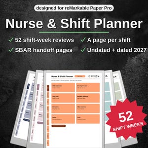 以下が含まれることがあります： reMarkable Paper Pro用に設計されたデジタルNurse & Shift Planner。インターフェースには、シフトカレンダー、ログ、週次レビュー、申し送りレポート、メモ用のオレンジ、青、緑のタブがあります。52週間分のシフトレビューとSBARページが含まれています。
