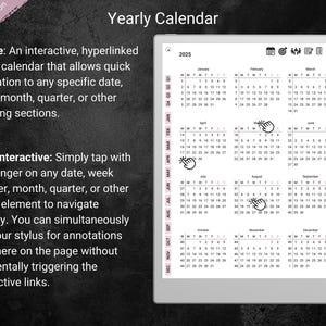 A single-page, hyperlinked yearly calendar displayed on a digital tablet screen labeled “Dusty Rose Edition.” The background is dark and textured. The layout shows a 12-month overview with clickable dates, weeks, and months for quick navigation. Accompanying text explains how to annotate with a stylus without triggering the interactive links.