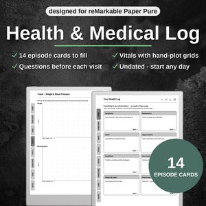 以下が含まれることがあります： reMarkable Paper Pure用に設計されたデジタル健康・医療ログ。インターフェースには14枚のエピソードカード、手書きプロットグリッド付きのバイタル、各診察前の質問項目が含まれています。日付のないレイアウトには、症状、薬、予約、状態を記録するセクションがあります。