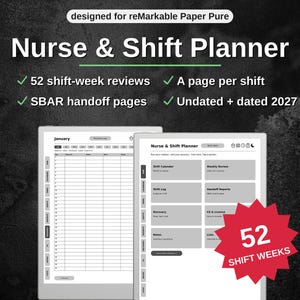 Könnte beinhalten: Ein digitaler Nurse & Shift Planner für reMarkable Paper Pure mit 52 Schichtwochen-Übersichten, SBAR-Übergabeseiten sowie undatierten oder 2027 datierten Optionen. Die Benutzeroberfläche zeigt eine Monatsansicht und ein Hauptmenü.