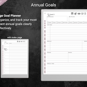 A Dusty Rose Edition annual goals layout displayed on a digital tablet, showing a 10-page goal planner. Each page includes labeled sections for goal details, steps, resources, deadlines, and reflections. Text emphasizes easy organization and tracking of key objectives, with an index page for quick navigation. The background is dark and textured.