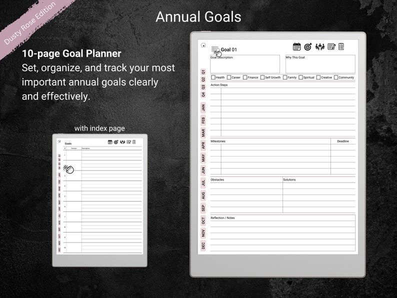 A Dusty Rose Edition annual goals layout displayed on a digital tablet, showing a 10-page goal planner. Each page includes labeled sections for goal details, steps, resources, deadlines, and reflections. Text emphasizes easy organization and tracking of key objectives, with an index page for quick navigation. The background is dark and textured.