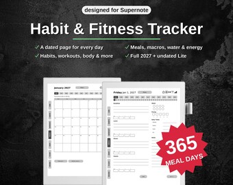 Habit & Fitness Tracker 2027 for Supernote | Daily Meal Log, Habit Grids, Workout 75-Day Challenge | Hyperlinked PDF