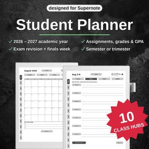 May include: A digital student planner designed for Supernote, featuring a 2026-2027 academic year calendar, assignment and GPA tracking, exam revision tools, and 10 class hubs. The interface displays monthly and weekly views with navigation tabs.