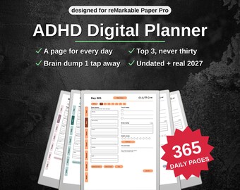 ADHD Digital Planner for reMarkable Paper Pro | 459 Pages, a Page for Every Day | Undated + 2027 | Time Blocking, Hyperlinked PDF
