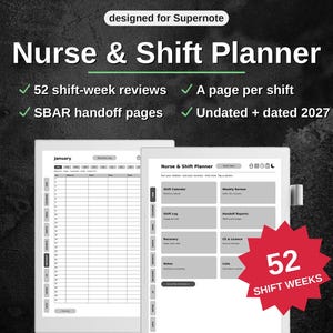 Puede incluir: Un planificador digital Nurse & Shift Planner diseñado para Supernote, con 52 revisiones semanales, páginas de traspaso SBAR y una página por turno. La interfaz incluye calendario, revisión semanal, registro de turnos, informes, recuperación, CE y licencia, notas y listas, con opciones sin fecha y para 2027.