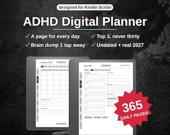 ADHD Digital Planner for Kindle Scribe | 459 Pages, a Page for Every Day | Undated + 2027 | Time Blocking, Hyperlinked PDF