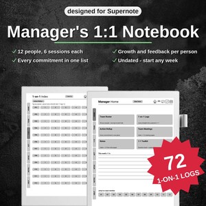 Puede incluir: Un cuaderno digital Manager's 1:1 Notebook diseñado para Supernote, con un índice y pantalla de inicio. La interfaz incluye secciones para listas de equipo, resúmenes de acciones y 72 registros 1-on-1. Sin fecha para una planificación flexible.