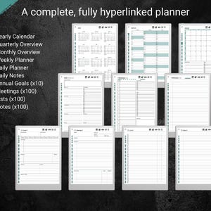 A promotional image for a teal edition planner with multiple page layouts on a dark textured background. The text reads “A complete, fully hyperlinked planner” above a bullet list of features: yearly calendar, quarterly overview, monthly overview, weekly planner, daily planner, daily notes, annual goals, meetings, lists, and notes. Each displayed page has teal accents and organized sections.