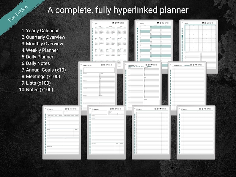 A promotional image for a teal edition planner with multiple page layouts on a dark textured background. The text reads “A complete, fully hyperlinked planner” above a bullet list of features: yearly calendar, quarterly overview, monthly overview, weekly planner, daily planner, daily notes, annual goals, meetings, lists, and notes. Each displayed page has teal accents and organized sections.