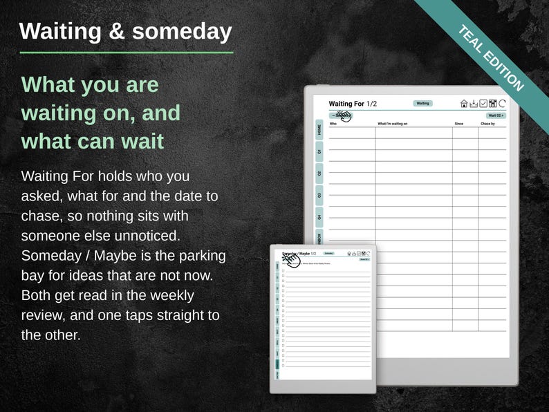 Waiting For log listing who was asked and the date to chase, beside the Someday Maybe shelf