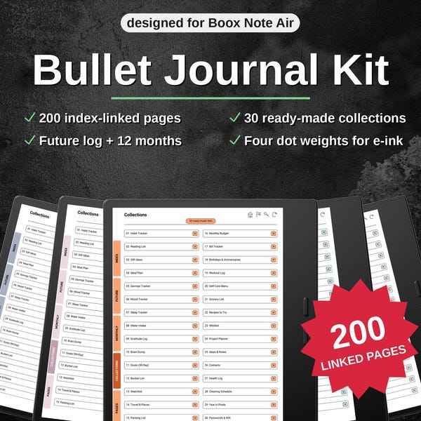 Bullet Journal Kit for Boox Note Air | Write a Topic, Tap the Index, Land on the Page | 200 Pages | Hyperlinked PDF