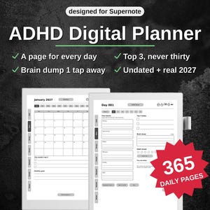 Puede incluir: Un planificador digital diseñado para Supernote con un diseño TDAH, un calendario mensual para enero de 2027 y una página diaria etiquetada como Day 001. La interfaz incluye secciones para brain dump, top 3 y 365 páginas diarias en total.