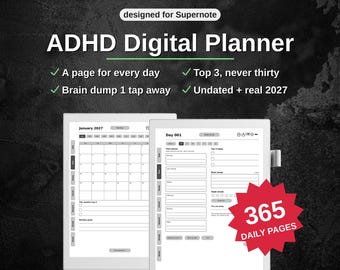 ADHD Digital Planner for Supernote | 459 Pages, a Page for Every Day | Undated + 2027 | Time Blocking, Hyperlinked PDF