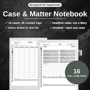 Op de afbeelding: Een digitaal Case & Matter notitieboek ontworpen voor Supernote met 16 cases, 96 contactlogs, een deadline-radar en ongedateerde pagina's. De interface toont een statusbord en een startscherm met lijsten voor het bijhouden van acties.