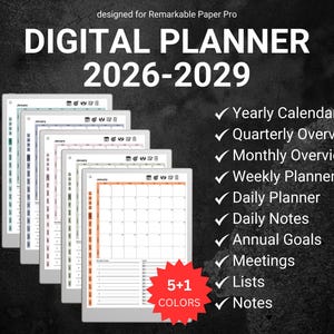 Minimalistischer Digitaler Planer reMarkable Paper Pro, 2026 2027 2028 2029 Templates für reMarkable RMPP farbige Organisationsmeetings und Notizen