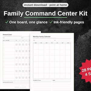 May include: A digital Family Command Center Kit featuring a Reward Chart and a Monthly Family Calendar. The printable pages include star icons for tracking habits and a grid layout for scheduling. A red starburst graphic indicates 28 pages and 4 sizes.