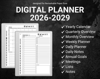 Minimalist Digital Planner reMarkable Paper Pure 2026 2027 2028 2029 Planner Organization Yearly Goals Meeting notes
