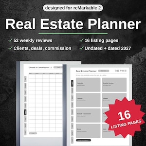 Pode incluir: Um planejador imobiliário digital projetado para reMarkable 2, com 52 revisões semanais, 16 páginas de listagem e seções para clientes, negócios e comissões, incluindo opções sem data e datadas para o ano de 2027.