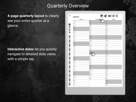 A promotional image showing a quarterly overview of a digital planner on a tablet screen with highlighted rows. The text explains a 4-page layout to view each quarter at a glance, with interactive dates for quick navigation to daily pages. The background is textured.