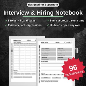 Peut inclure: Un carnet numérique d'entretien et de recrutement conçu pour Supernote, présentant une interface Pipeline Board et Hiring Home. La mise en page inclut des sections pour 8 rôles, 48 candidats et 96 fiches d'évaluation avec des invites textuelles.