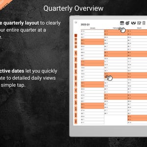 A promotional image for the Burnt Orange Edition quarterly overview of a digital planner, shown on a tablet screen with orange-highlighted rows. The text explains a 4-page layout to view each quarter at a glance, with interactive dates for quick navigation to daily pages. The background is dark and textured.