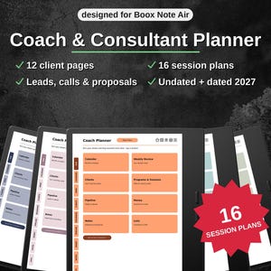 May include: A digital Coach & Consultant Planner designed for Boox Note Air, featuring 12 client pages, 16 session plans, and sections for leads, calls, and proposals. The planner includes undated and 2027 dated options with a dashboard interface.