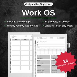 Peut inclure: Un modèle de planificateur numérique pour Supernote intitulé Work OS, comprenant un tableau Kanban et un tableau de bord avec des sections pour les projets, les tâches et les revues hebdomadaires. Il inclut 24 projets et tableaux non datés.