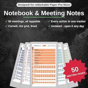May include: A digital notebook and meeting notes planner designed for reMarkable Paper Pro Move. The interface features a central hub with tabs for meetings, action trackers, projects, and brainstorming, including Cornell, dot grid, and lined page layouts.