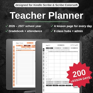 Lehrerplaner 2026–2027 für Kindle Scribe | Unterrichtspläne für jede Stunde, Wochenübersichten, Notenbuch, Klassenübersichten | Verlinktes PDF