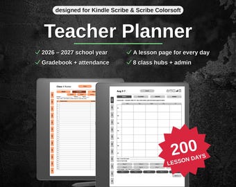 Teacher Planner 2026-2027 for Kindle Scribe | A Lesson Plan for Every Period, Weekly Grids, Gradebook, Class Hubs | Hyperlinked PDF