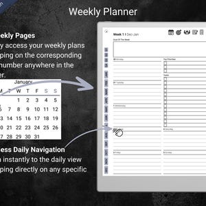 A weekly planner page displayed on a digital tablet labeled “Navy Blue Edition,” set against a dark textured background. The layout shows 53 weekly pages, each with daily sections for tasks, priorities, and notes. A small monthly calendar snippet highlights interactive week numbers for quick navigation. An arrow points from the calendar to the planner page, illustrating how tapping a date or week instantly moves to the detailed view.
