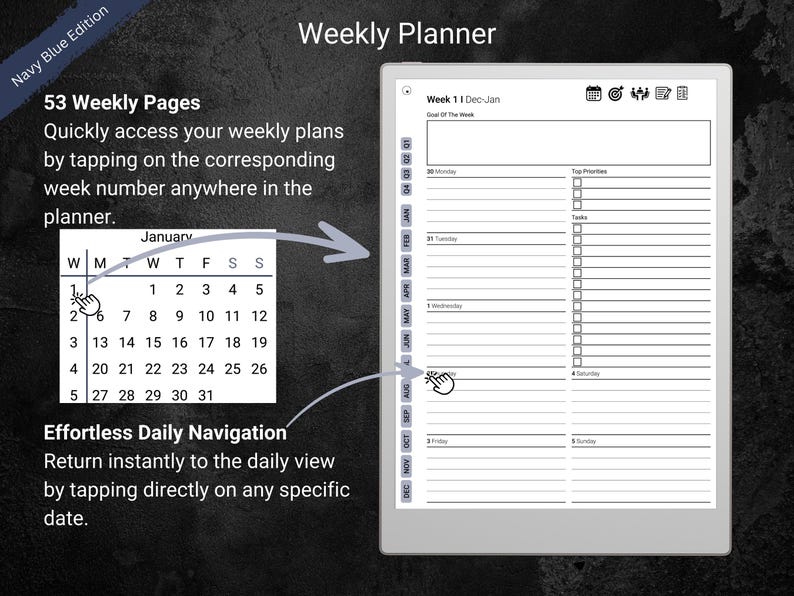 A weekly planner page displayed on a digital tablet labeled “Navy Blue Edition,” set against a dark textured background. The layout shows 53 weekly pages, each with daily sections for tasks, priorities, and notes. A small monthly calendar snippet highlights interactive week numbers for quick navigation. An arrow points from the calendar to the planner page, illustrating how tapping a date or week instantly moves to the detailed view.