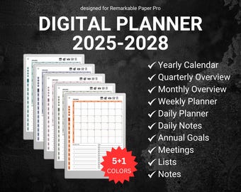 Minimalist Digital Planner reMarkable Paper Pro, 2025 2026 2027 2028 Templates for reMarkable RMPP Organization meeting Sunday-Start