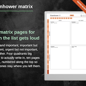 Eisenhower matrix page with four quadrants for urgent and important work