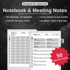 Könnte beinhalten: Ein digitaler Planer für Supernote mit Meeting-Index und Notizbuch-Hub. Die Benutzeroberfläche bietet 50 anklickbare Meeting-Seiten, einen Aktions-Tracker sowie Layouts für Cornell, Punktraster und Linien. Das Design ist undatiert.