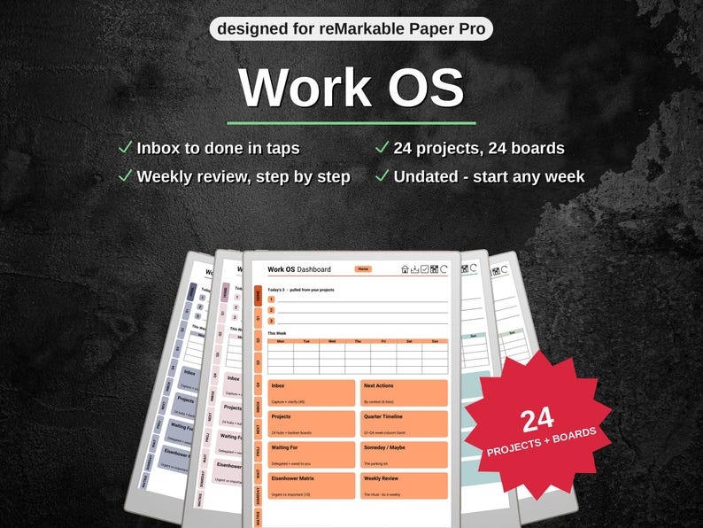 Work OS project planner shown on a fan of five e-ink tablets, dashboard page open, badge reading 24 projects plus boards