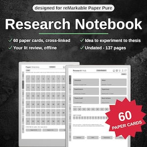 May include: A digital research notebook designed for reMarkable Paper Pure, featuring 137 undated pages, 60 cross-linked paper cards, and a research hub interface. The display shows a paper directory and research hub layout with navigation tabs.