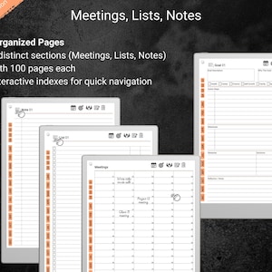 A Burnt Orange Edition digital planner with 300 pages split into three sections—Meetings, Lists, and Notes (100 pages each). Multiple tablet screens are shown with orange-themed layouts and interactive indexes for quick navigation. The background is dark and textured.