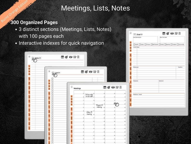 A Burnt Orange Edition digital planner with 300 pages split into three sections—Meetings, Lists, and Notes (100 pages each). Multiple tablet screens are shown with orange-themed layouts and interactive indexes for quick navigation. The background is dark and textured.