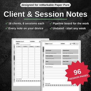 Puede incluir: Planificador digital para reMarkable Paper Pure con Client & Session Notes. Incluye un tablero de pipeline, 16 clientes con 6 sesiones cada uno y 96 páginas de sesión. La interfaz muestra un panel de Client Home y un diseño de pipeline con pestañas.