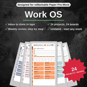 Könnte beinhalten: Eine digitale Planervorlage für reMarkable Paper Pro Move mit dem Titel Work OS. Die Benutzeroberfläche zeigt ein Dashboard mit Bereichen für Posteingang, Projekte und wöchentliche Überprüfungen. Es enthält 24 Projekte und 24 Boards mit undatierten Seiten.