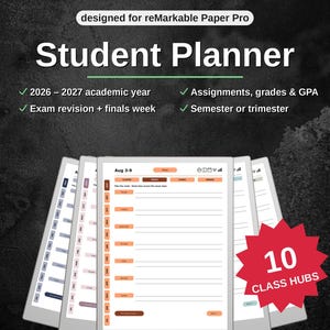 Può includere: Un pianificatore digitale per studenti progettato per reMarkable Paper Pro, con layout per l'anno accademico 2026-2027, sezioni per compiti, voti, GPA, esami e settimane finali. Include 10 hub per le lezioni e visualizzazioni settimanali.