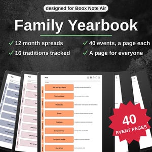 Puede incluir: Un planificador digital Family Yearbook diseñado para Boox Note Air, con 12 vistas mensuales, 40 páginas de eventos, 16 tradiciones rastreadas y una página para cada persona. La interfaz muestra un centro con botones de navegación naranjas.