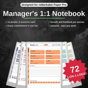 Może przedstawiać: Cyfrowy szablon notatnika dla reMarkable Paper Pro o tytule Manager's 1:1 Notebook. Zawiera sekcje dla 12 osób, po 6 sesji każda, śledzenie rozwoju i informacji zwrotnych, 72 logi 1-on-1 oraz pulpit nawigacyjny dla menedżera.